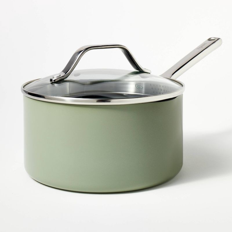 slide 1 of 6, 3qt Nonstick Ceramic Coated Aluminum Sauce Pan Sage Green - Figmint™, 3 qt