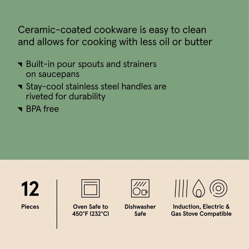 slide 8 of 9, 12pc Nonstick Ceramic Coated Aluminum Cookware Set Cream - Figmint™, 12 ct