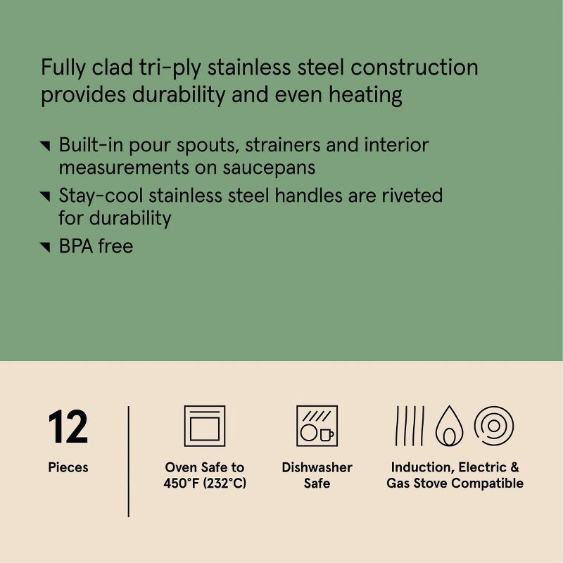 slide 8 of 9, 12pc Stainless Steel Cookware Set with 6pc Pan Protectors Silver - Figmint™, 12 ct, 6 ct