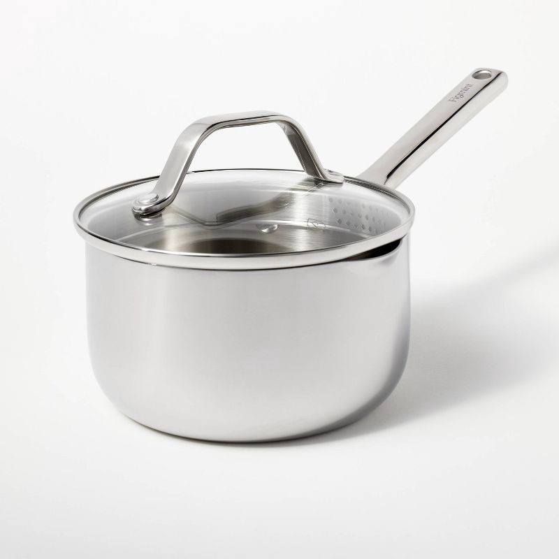 slide 1 of 8, 1.5qt Stainless Steel Sauce Pan with Straining Lid Silver - Figmint™, 1.5 qt
