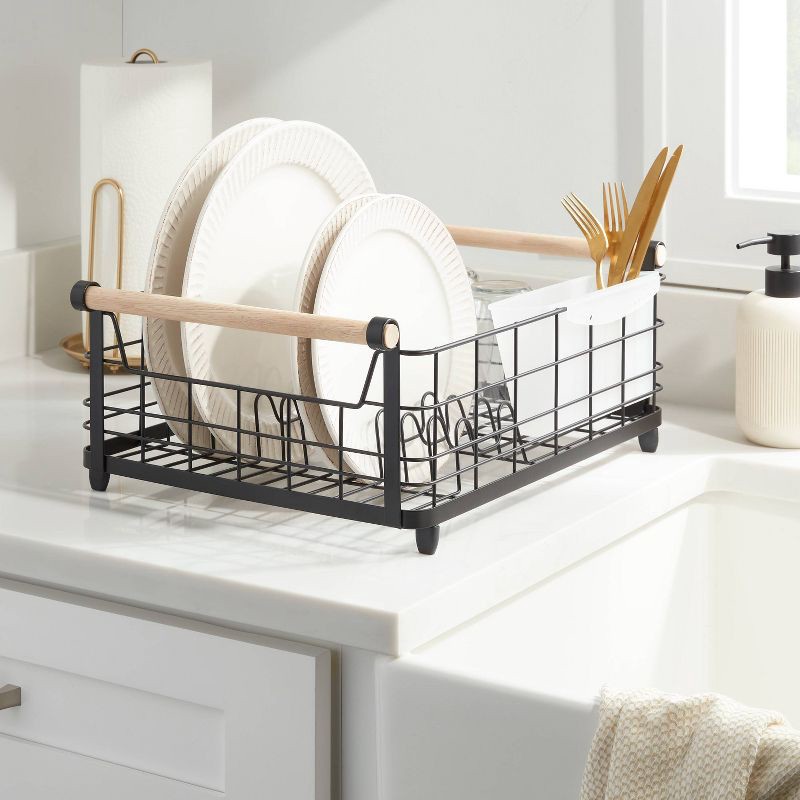 slide 2 of 3, Metal Dish Rack with Powder Coated Finish and Rubber Wood Handles Black - Brightroom™: Freestanding Dish Drying Rack, 1 ct