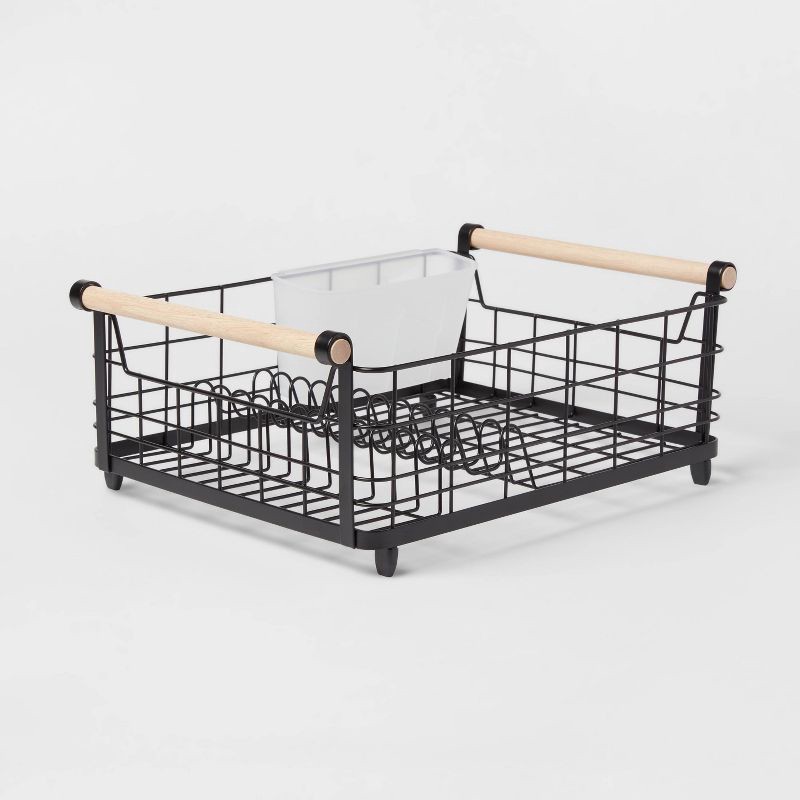 slide 1 of 3, Metal Dish Rack with Powder Coated Finish and Rubber Wood Handles Black - Brightroom™: Freestanding Dish Drying Rack, 1 ct