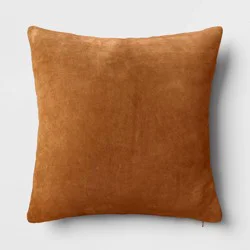 Washed Cotton Velvet Square Throw Pillow Light Brown - Threshold™: Indoor Decorative Cushion, Modern Style