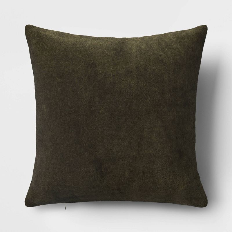 slide 1 of 4, Washed Cotton Velvet Square Throw Pillow Green - Threshold™: Indoor Decorative Cushion, Zippered Cover, Polyester Fill, 1 ct