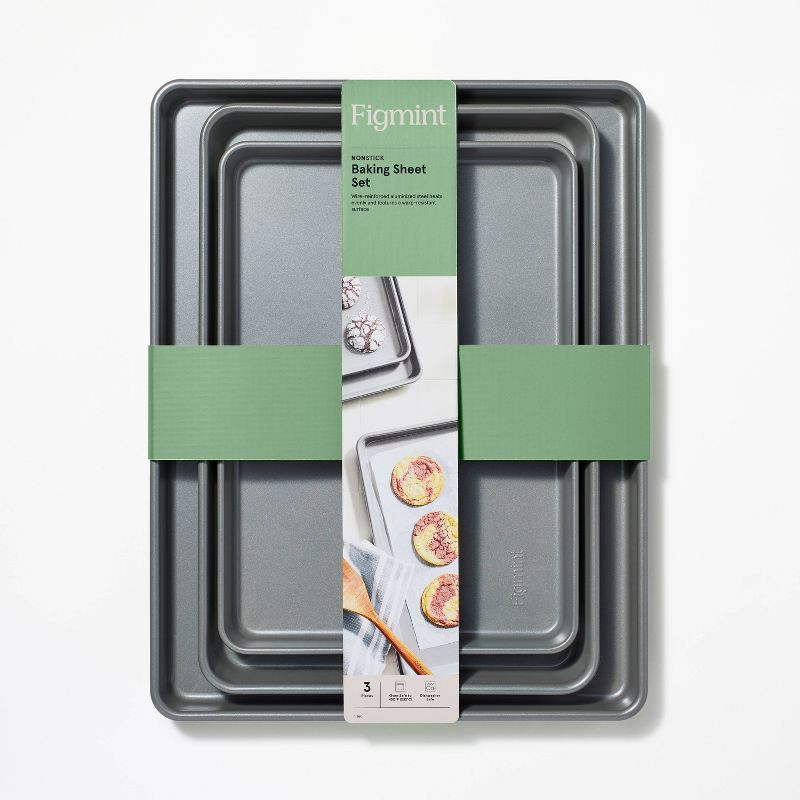 slide 4 of 4, 3pc Nonstick Baking Sheet Set Gray - Figmint™: Kitchen Bakeware, Includes 9x13" & 10x15" Cookie Sheets, Dishwasher-Safe, 3 ct