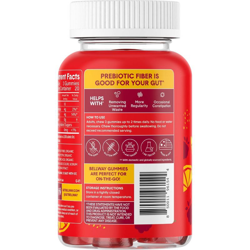 slide 3 of 8, Bellway Super Fiber Gummies, Organic Sugar-Free Prebiotic Fiber Supplement Gummies - Raspberry Lemon - 60ct, 60 ct