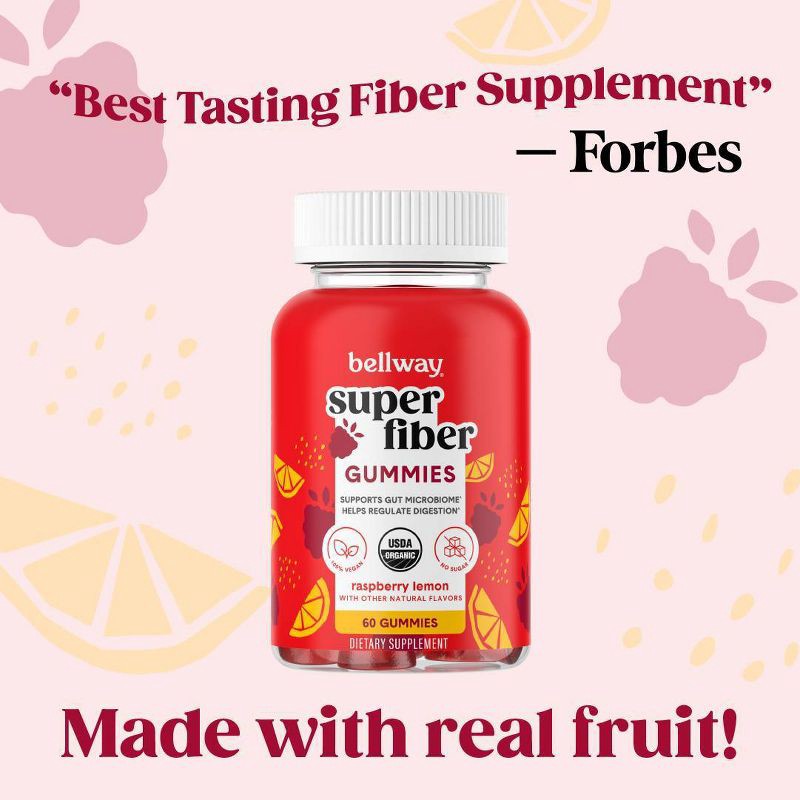 slide 5 of 8, Bellway Super Fiber Gummies, Organic Sugar-Free Prebiotic Fiber Supplement Gummies - Raspberry Lemon - 60ct, 60 ct