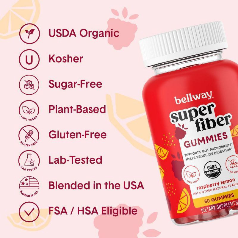 slide 6 of 8, Bellway Super Fiber Gummies, Organic Sugar-Free Prebiotic Fiber Supplement Gummies - Raspberry Lemon - 60ct, 60 ct