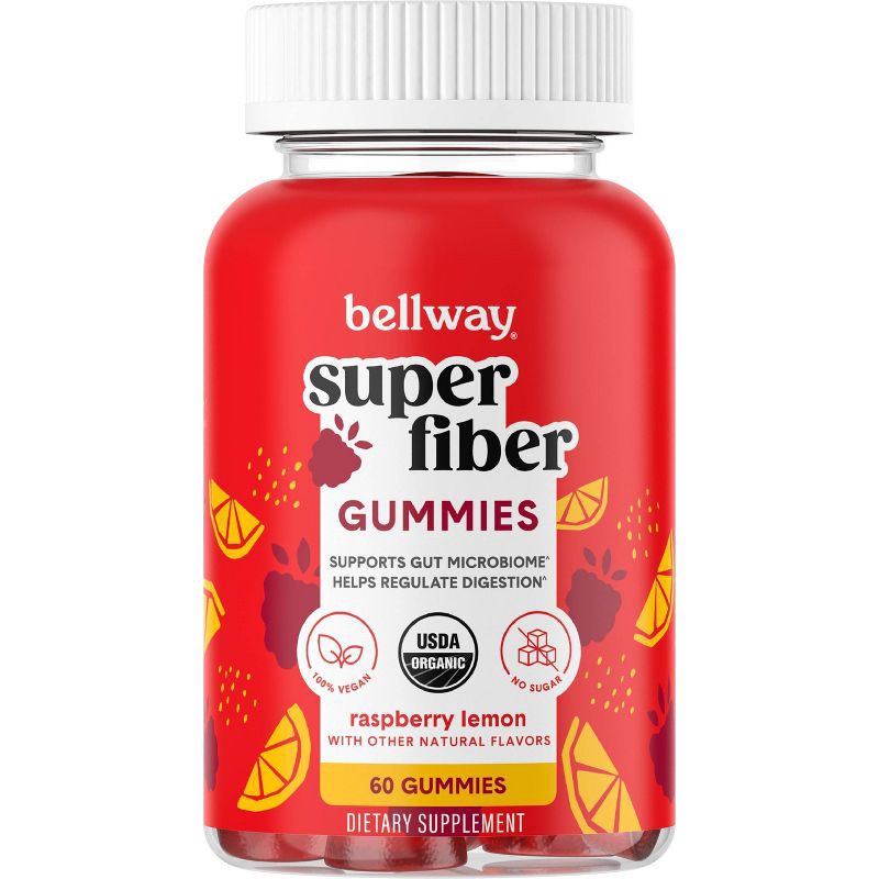 slide 1 of 8, Bellway Super Fiber Gummies, Organic Sugar-Free Prebiotic Fiber Supplement Gummies - Raspberry Lemon - 60ct, 60 ct