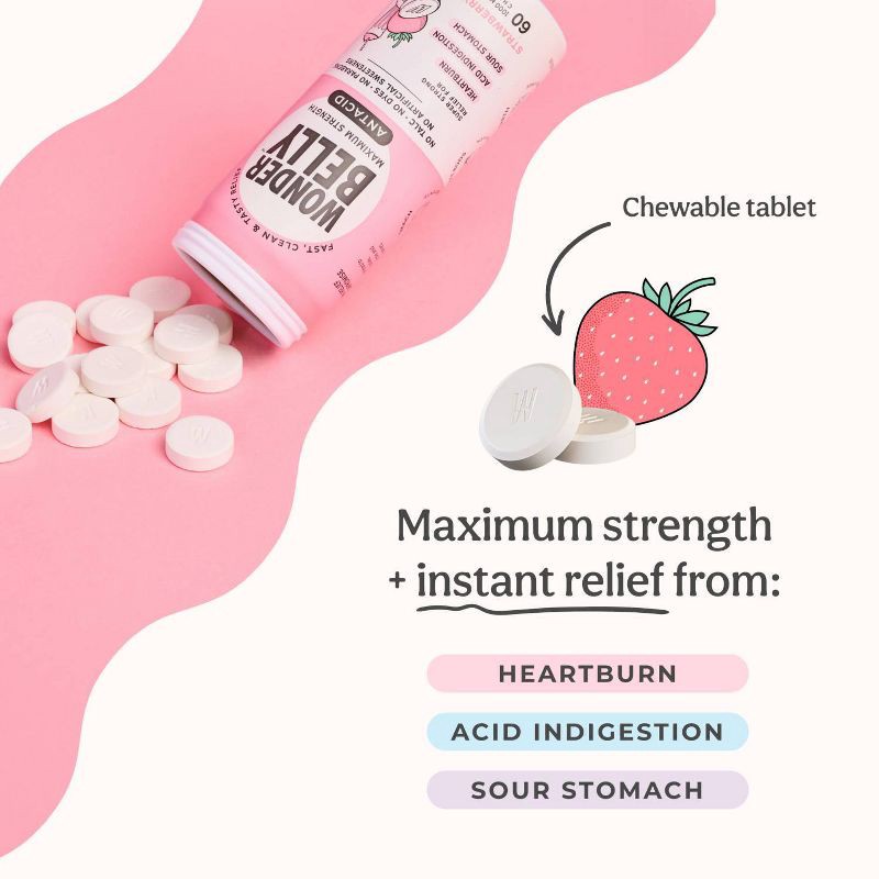 slide 3 of 11, Wonderbelly Antacid 1000mg Chewable Heartburn Relief Tablets - Strawberry Milkshake - 60ct, 60 ct; 1000 mg