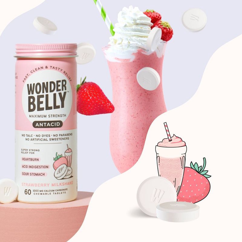 slide 6 of 11, Wonderbelly Antacid 1000mg Chewable Heartburn Relief Tablets - Strawberry Milkshake - 60ct, 60 ct; 1000 mg