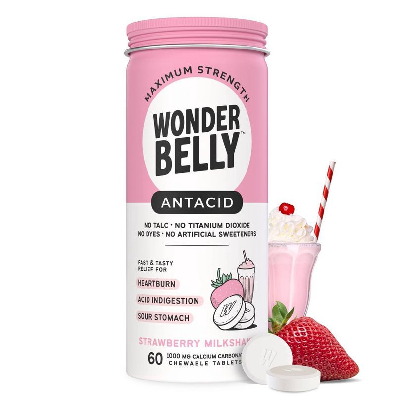 slide 1 of 10, Wonderbelly Antacid 1000mg Chewable Heartburn Relief Tablets - Strawberry Milkshake - 60ct, 60 ct; 1000 mg