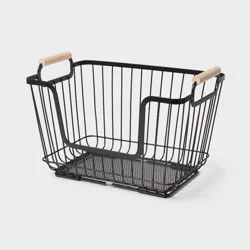 Metal Stackable Wire Pantry Basket with Rubber Wood Handle Black - Brightroom™: Kitchen Storage Organizer, 9"x13.5"