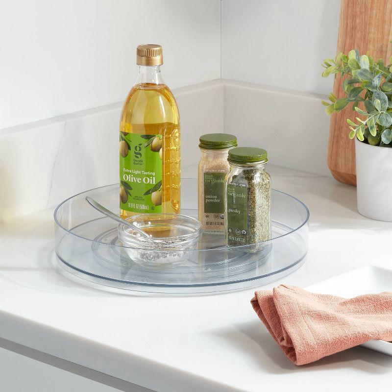 slide 2 of 3, 11" Low Plastic Lazy Susan Turn Table Clear - Brightroom™: Kitchen Cabinet Organizer, Polyethylene, Stainless Steel, 1 ct