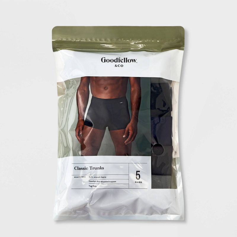 slide 2 of 4, Men's Trunks 5pk - Goodfellow & Co™ Gray/Blue/Black XXL: Mid Rise, Knit Fabric, 5 ct