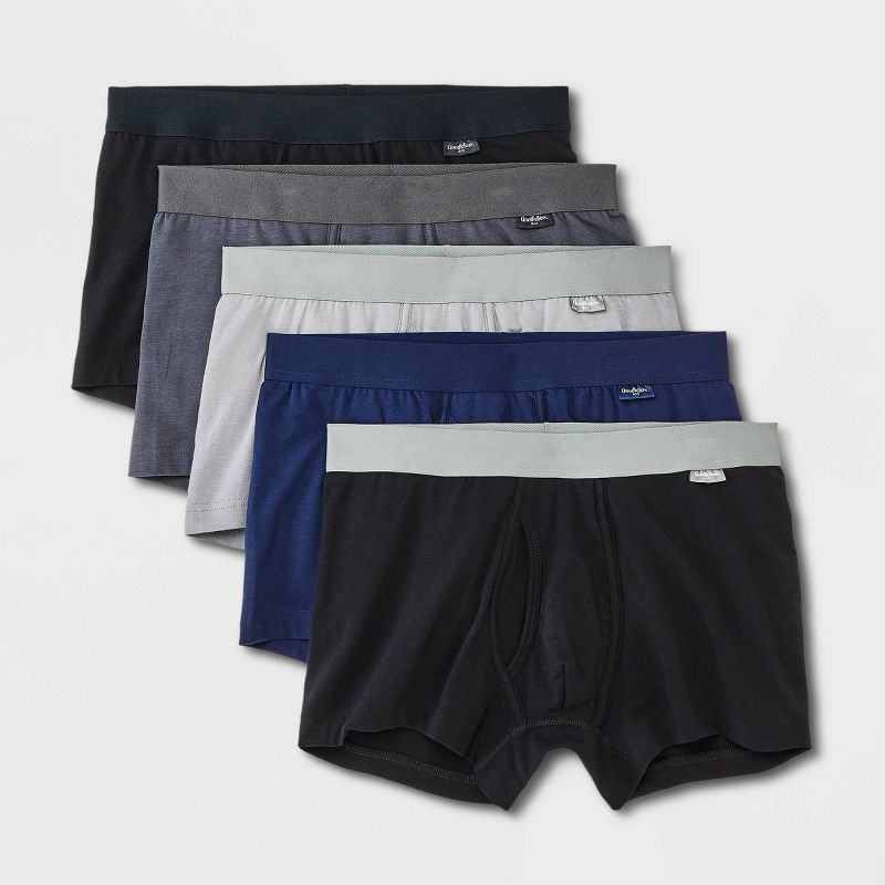 slide 1 of 4, Men's Trunks 5pk - Goodfellow & Co™ Gray/Blue/Black XXL: Mid Rise, Knit Fabric, 5 ct