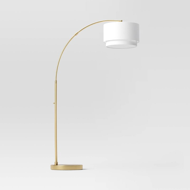 slide 2 of 4, 68"x41" Knurled Metal Arc Floor Lamp with Tiered Shade Brass - Threshold™: Curved Standing Illumination for Living Room, 1 ct