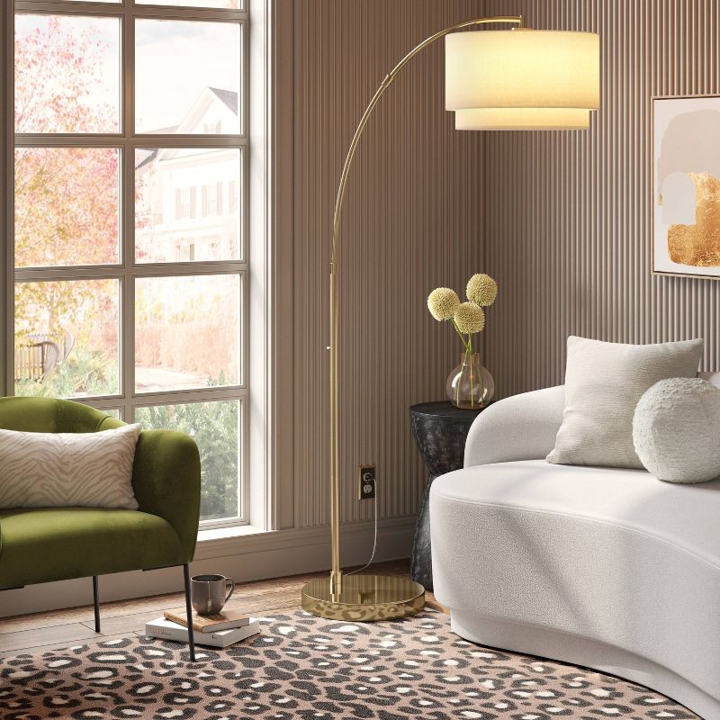 slide 1 of 4, 68"x41" Knurled Metal Arc Floor Lamp with Tiered Shade Brass - Threshold™: Curved Standing Illumination for Living Room, 1 ct