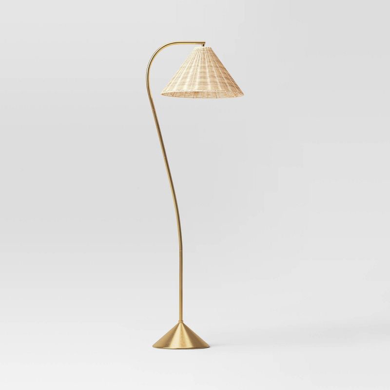 slide 2 of 4, Gooseneck Floor Lamp with Natural Shade Brass - Threshold™: Adjustable, Rattan Shade, ETL Listed, Metal Base, 1 ct