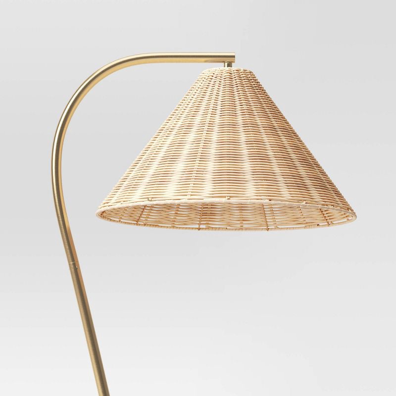 slide 4 of 4, Gooseneck Floor Lamp with Natural Shade Brass - Threshold™: Adjustable, Rattan Shade, ETL Listed, Metal Base, 1 ct