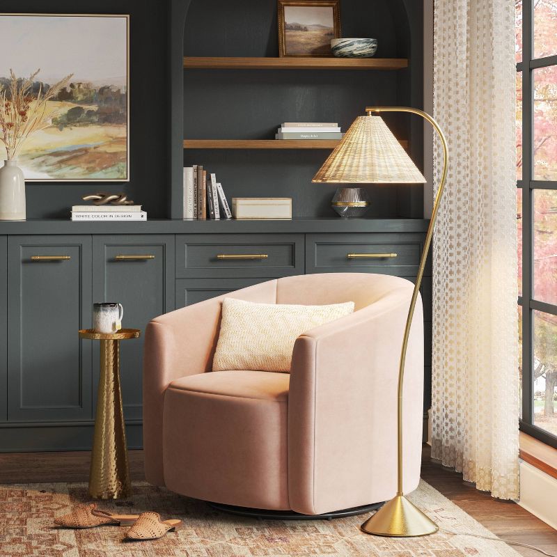 slide 1 of 4, Gooseneck Floor Lamp with Natural Shade Brass - Threshold™: Adjustable, Rattan Shade, ETL Listed, Metal Base, 1 ct