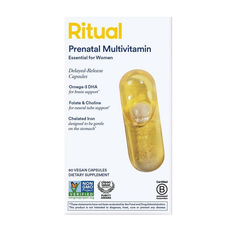 slide 12 of 12, Ritual Prenatal Multivitamin with Folate, Choline, Vegan Omega-3 DHA and Chelated Iron Vegan Capsules - Citrus Essenced - 60ct, 60 ct