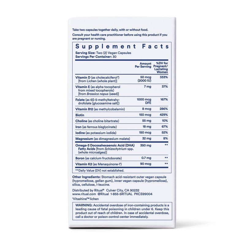 slide 6 of 12, Ritual Prenatal Multivitamin with Folate, Choline, Vegan Omega-3 DHA and Chelated Iron Vegan Capsules - Citrus Essenced - 60ct, 60 ct