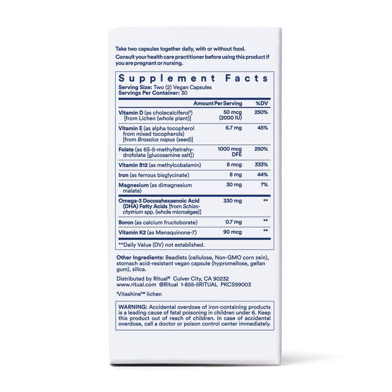 slide 6 of 11, Ritual Multivitamin for Women 18+ with Vegan Omega-3 DHA, Vitamin D3, Chelated Iron and Methylated Folate Vegan Capsules - Mint Essenced - 60ct, 60 ct