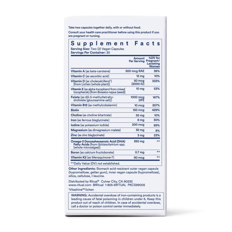 slide 6 of 11, Ritual Postnatal Multivitamin with Vegan Omega-3 DHA, Choline, and Vitamins A, C, D3 and Zinc Vegan Capsules - Mint Essenced - 60ct, 60 ct
