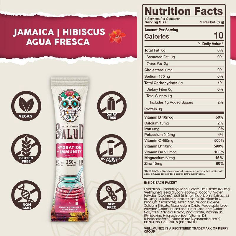 slide 4 of 6, Salud Hydration + Immunity Hibiscus Electrolyte Drink Mix - 6pk/0.21oz Packet Sticks, 6 ct, 0.21 oz