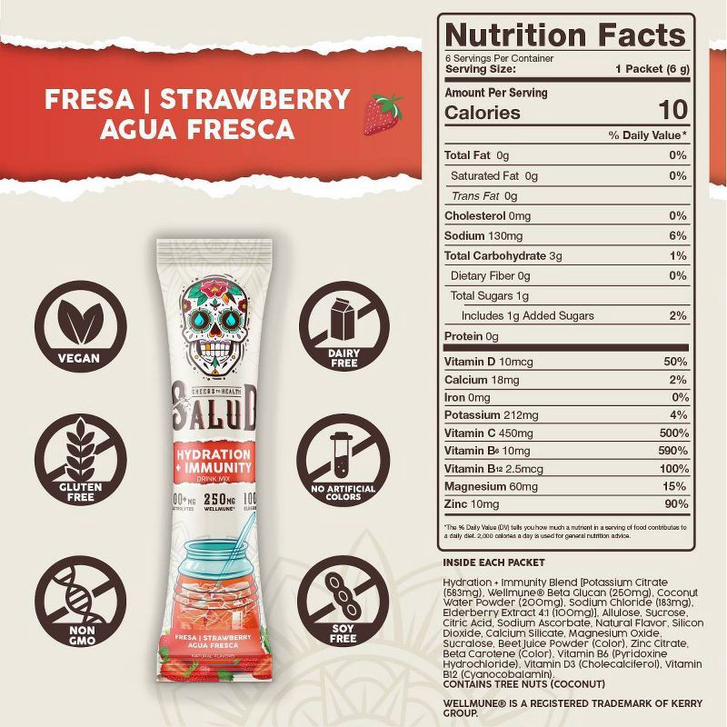 slide 4 of 6, Salud Hydration + Immunity Strawberry Electrolyte Drink Mix - 6pk/0.21 oz Packet Sticks, 6 ct, 0.21 oz