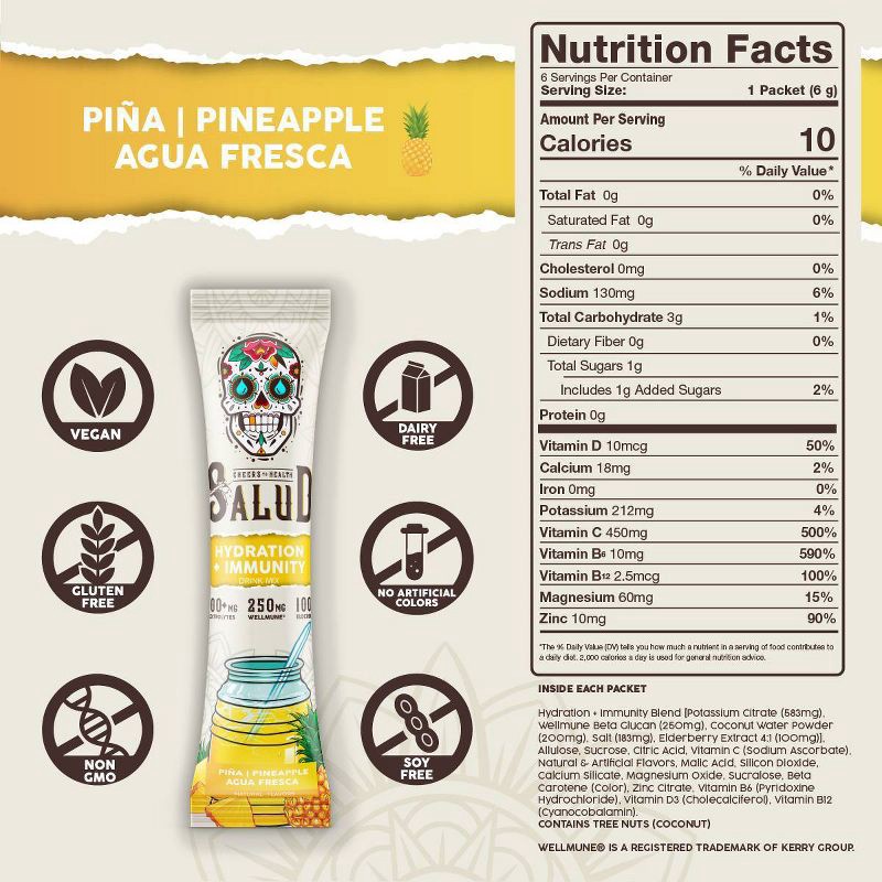 slide 4 of 6, Salud Hydration + Immunity Pineapple Drink Mix - 6pk/0.21 oz Sticks, 6 ct, 0.21 oz