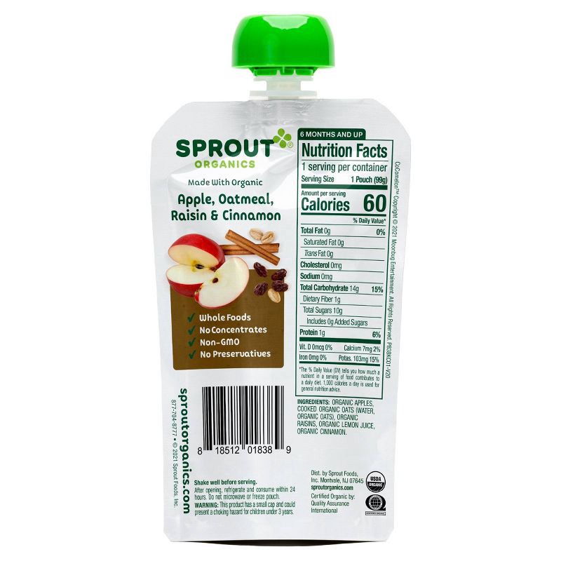 slide 2 of 4, Sprout Foods Cocomelon Organic Stage 2 Apple Oatmeal and Raisin with Cinnamon Baby Snacks Pouch - 3.5oz, 3.5 oz