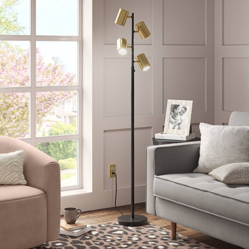 slide 1 of 4, Dean Spotlight Floor Lamp Black/Brass: Touch Sensor, Adjustable Heads - Threshold™, 1 ct