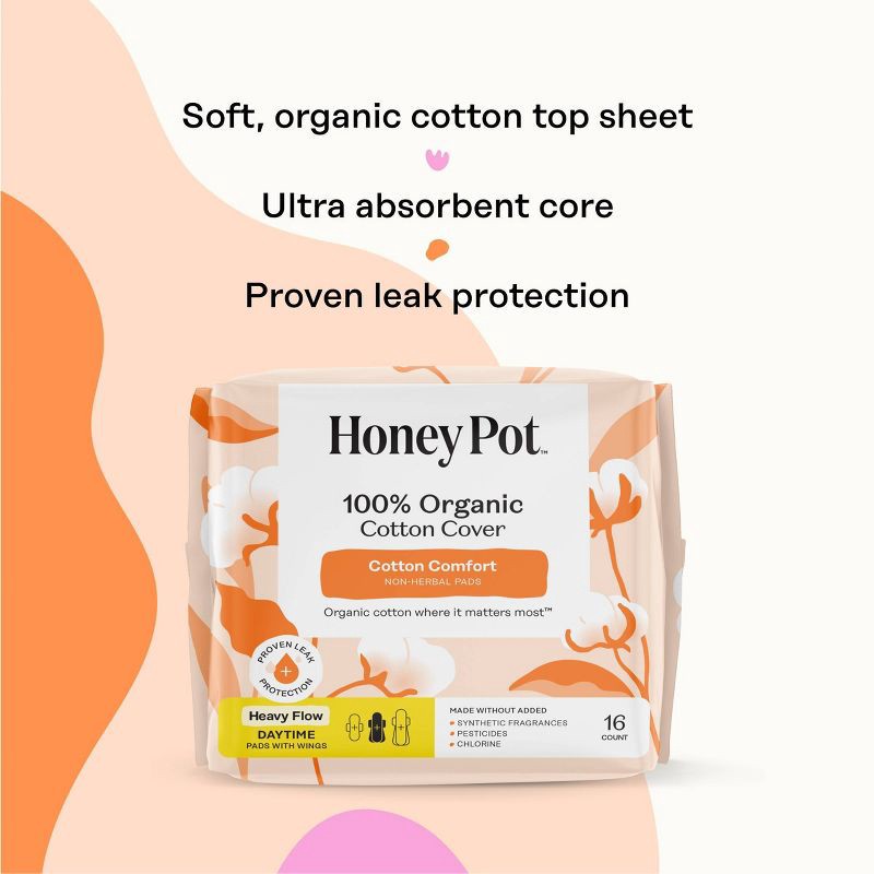 slide 4 of 15, The Honey Pot Company 100% Organic Cotton Comfort Cover Heavy Flow Daytime Pads - 16ct, 16 ct