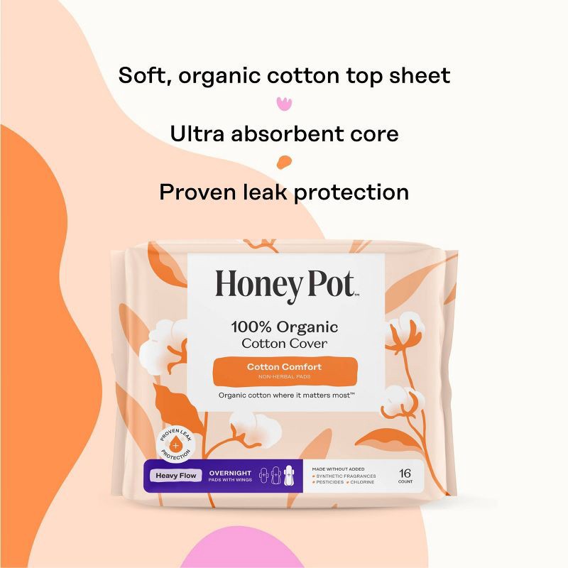 slide 4 of 15, The Honey Pot Company 100% Organic Cotton Comfort Cover Heavy Flow Overnight Pads - 16ct, 16 ct