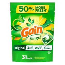 Gain flings! Original 3 in 1 Oxi & Febreze HE Deep Cleaning Concentrated Laundry Detergent Pods 31 Pacs - 21oz: Resealable Bag, Odor Control