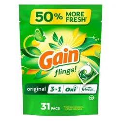 Gain flings! Original 3 in 1 Oxi & Febreze HE Deep Cleaning Concentrated Laundry Detergent Pods 31 Pacs - 21oz: Resealable Bag, Odor Control