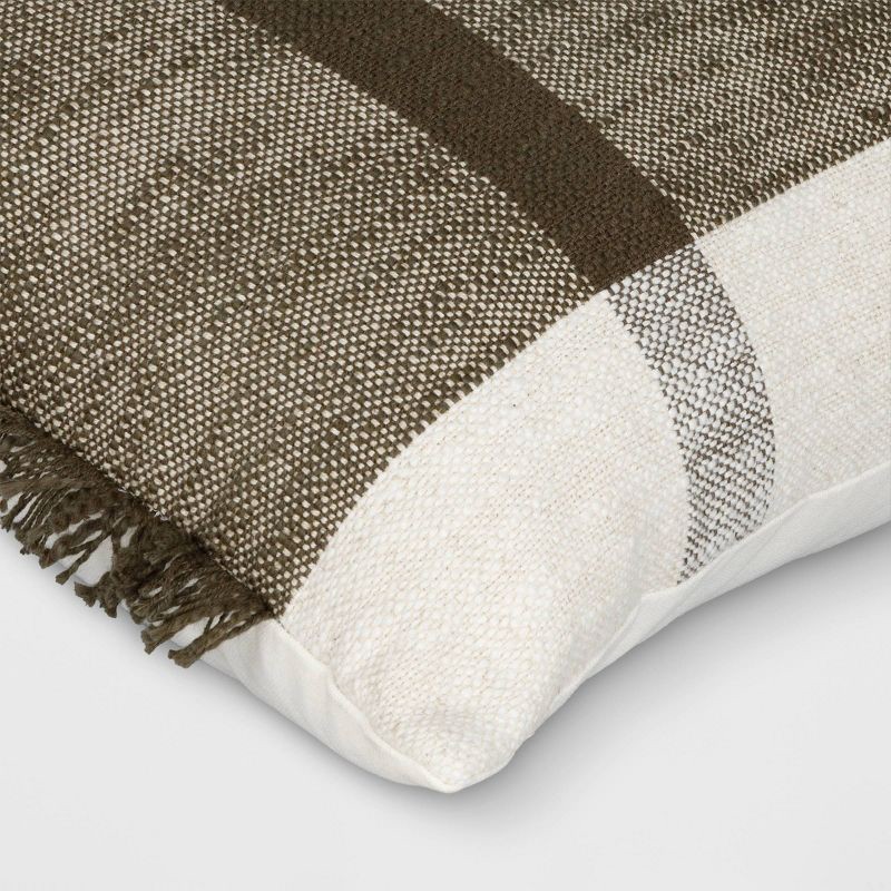 slide 4 of 4, Oversized Textured Woven Cotton Striped Lumbar Throw Pillow Ivory/Dark Olive - Threshold™: Fringe Detail, Indoor Use, 1 ct