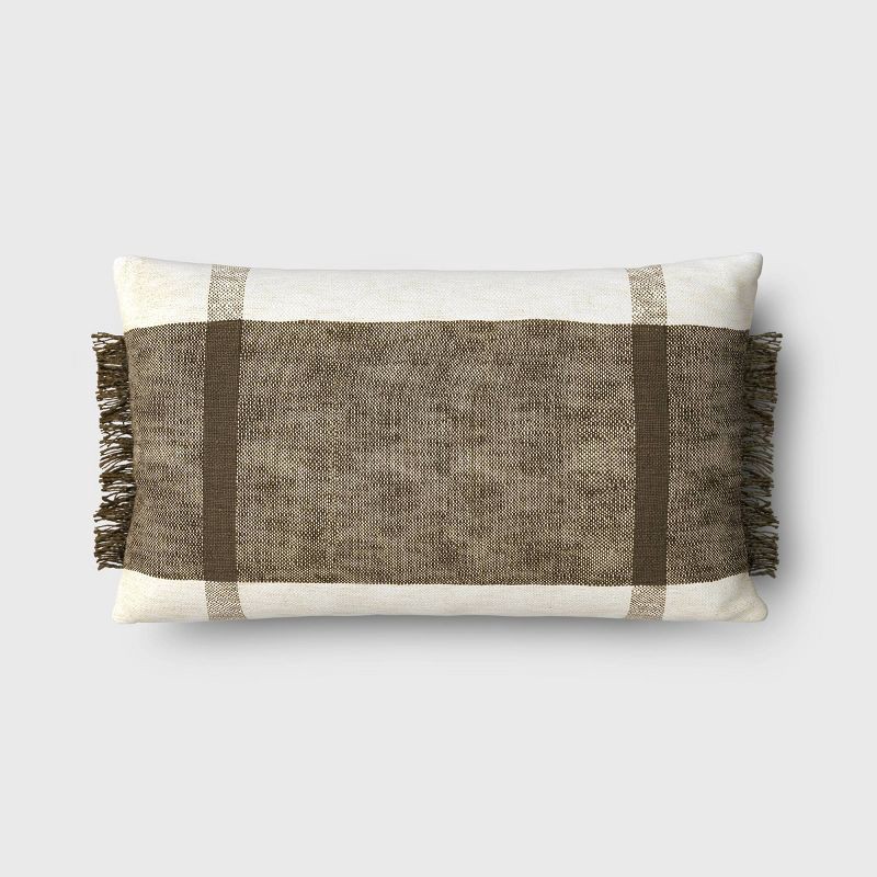 slide 1 of 4, Oversized Textured Woven Cotton Striped Lumbar Throw Pillow Ivory/Dark Olive - Threshold™: Fringe Detail, Indoor Use, 1 ct