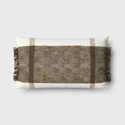 Oversized Textured Woven Cotton Striped Lumbar Throw Pillow Ivory/Dark Olive - Threshold™: Fringe Detail, Indoor Use
