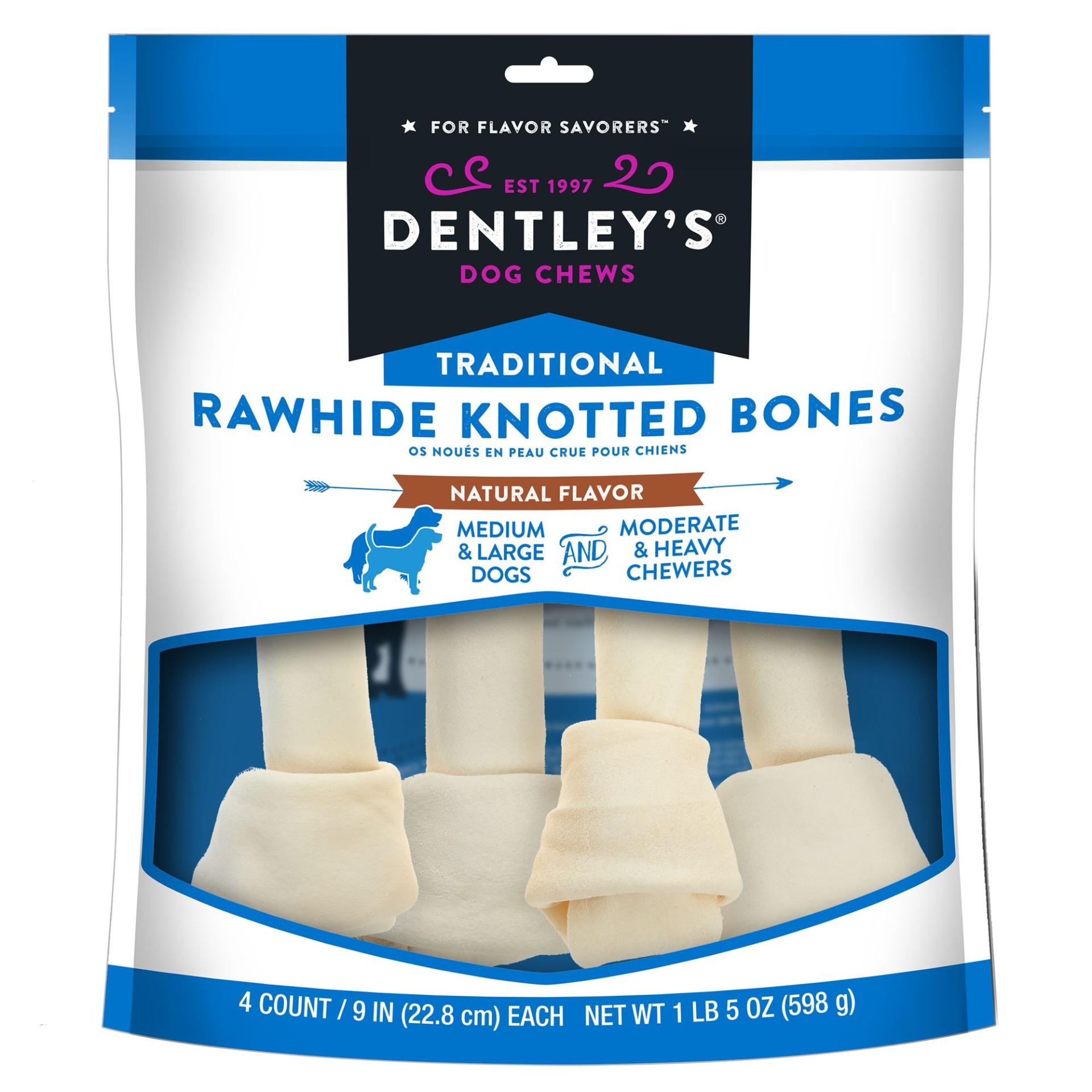 slide 1 of 1, Dentley's Traditional 9 Rawhide Knotted Bones Dog Chew'', 4 ct