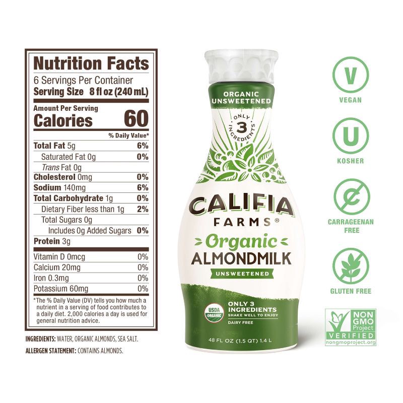 slide 5 of 6, Califia Farms Organic Unsweetened Almond Milk - 48 fl oz, 48 fl oz