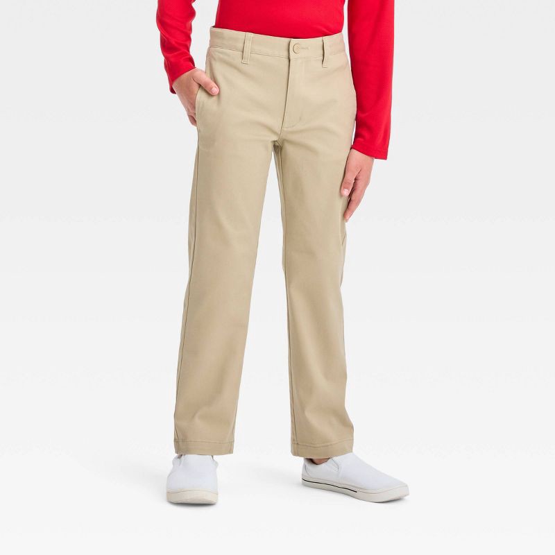 slide 1 of 3, Boys' Straight Fit Uniform Pants - Cat & Jack™ Khaki 7: Adjustable Waist, Twill Fabric, 1 ct