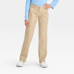 Girls' Straight Fit Uniform Pants - Cat & Jack™ Khaki 7: Adjustable Waistband, Reinforced Knee, Twill Fabric