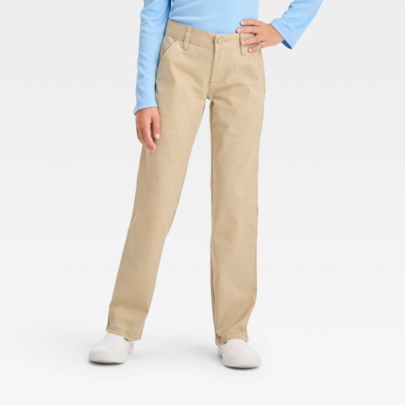 slide 1 of 3, Girls' Straight Fit Uniform Pants - Cat & Jack™ Khaki 8: Mid Rise, Pull-On, 1 ct