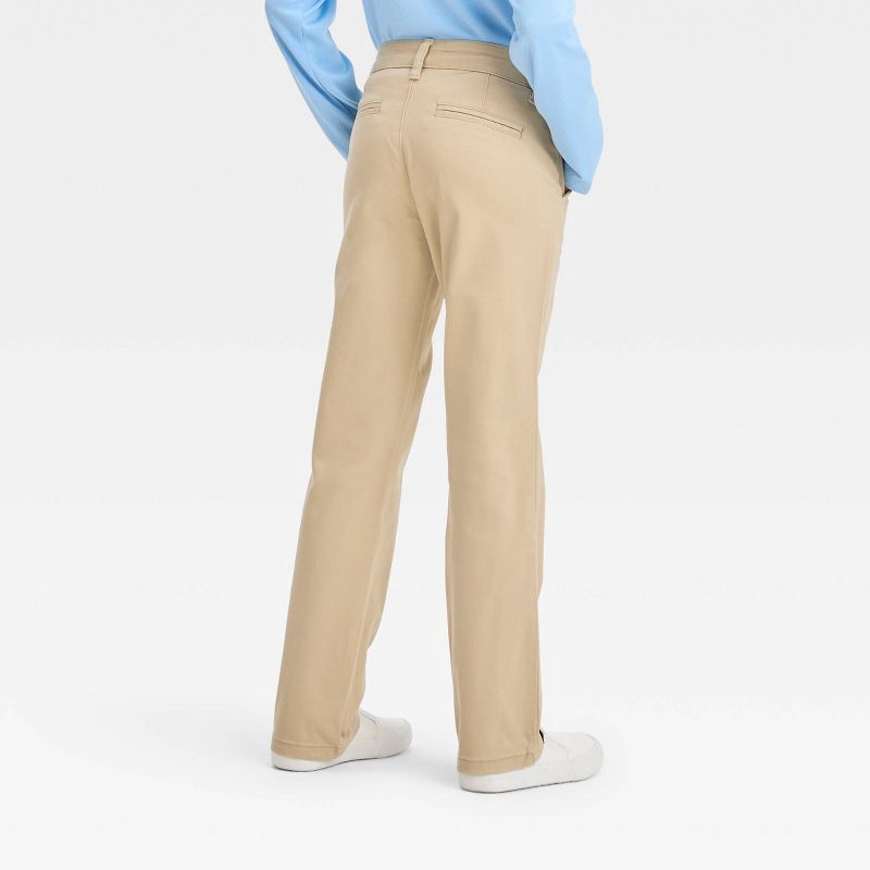 slide 2 of 3, Girls' Straight Fit Uniform Pants - Cat & Jack™ Khaki 10: Cotton Blend, Recycled Polyester, Spandex, Twill Fabric, Mid Rise, 1 ct