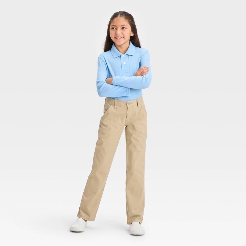slide 3 of 3, Girls' Straight Fit Uniform Pants - Cat & Jack™ Khaki 12: Adjustable Waist, Reinforced Knee, Twill Fabric, 1 ct
