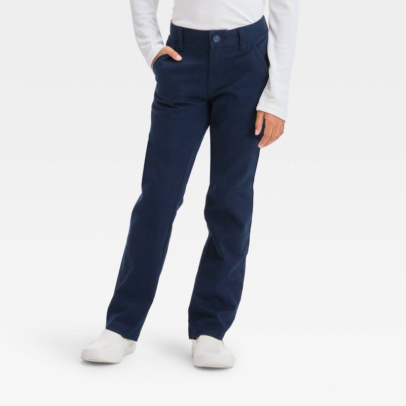 slide 1 of 3, Girls' Straight Fit Uniform Pants - Cat & Jack™ Blue 5: Midweight Twill, Pull-On, Back & Side Pockets, 1 ct