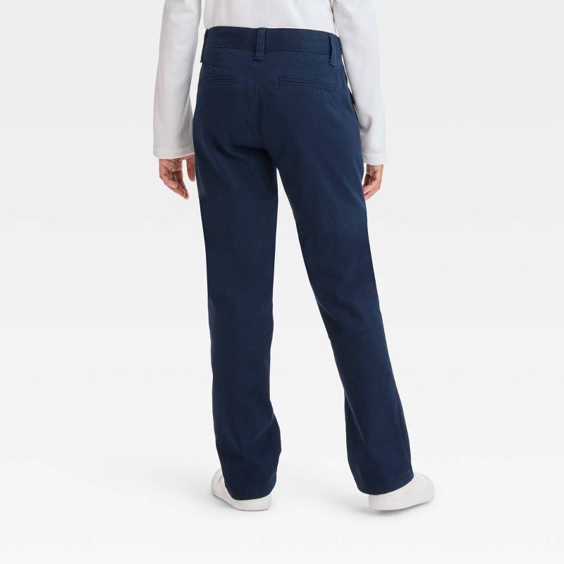 slide 2 of 3, Girls' Straight Fit Uniform Pants - Cat & Jack™ Blue 7: Mid Rise Chino, Pull-On, Twill, Back & Side Pockets, Kids Size, 1 ct